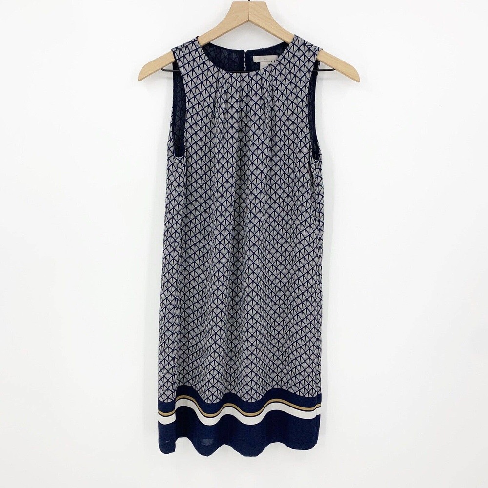 H&M Creped Shift Dress Size 2 Dark Blue‎ Patterned Woven Sleeveless Pleated Neck